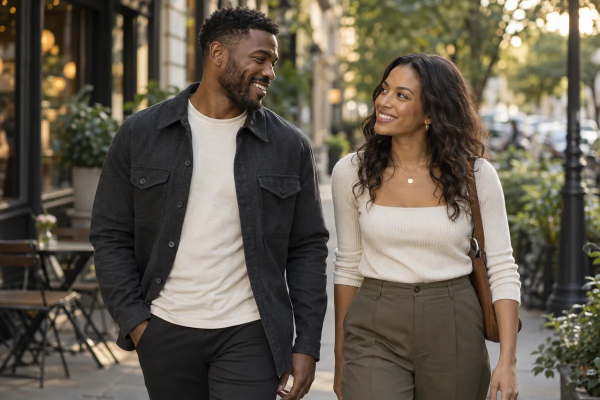 A man and woman smiling at each other on a walk