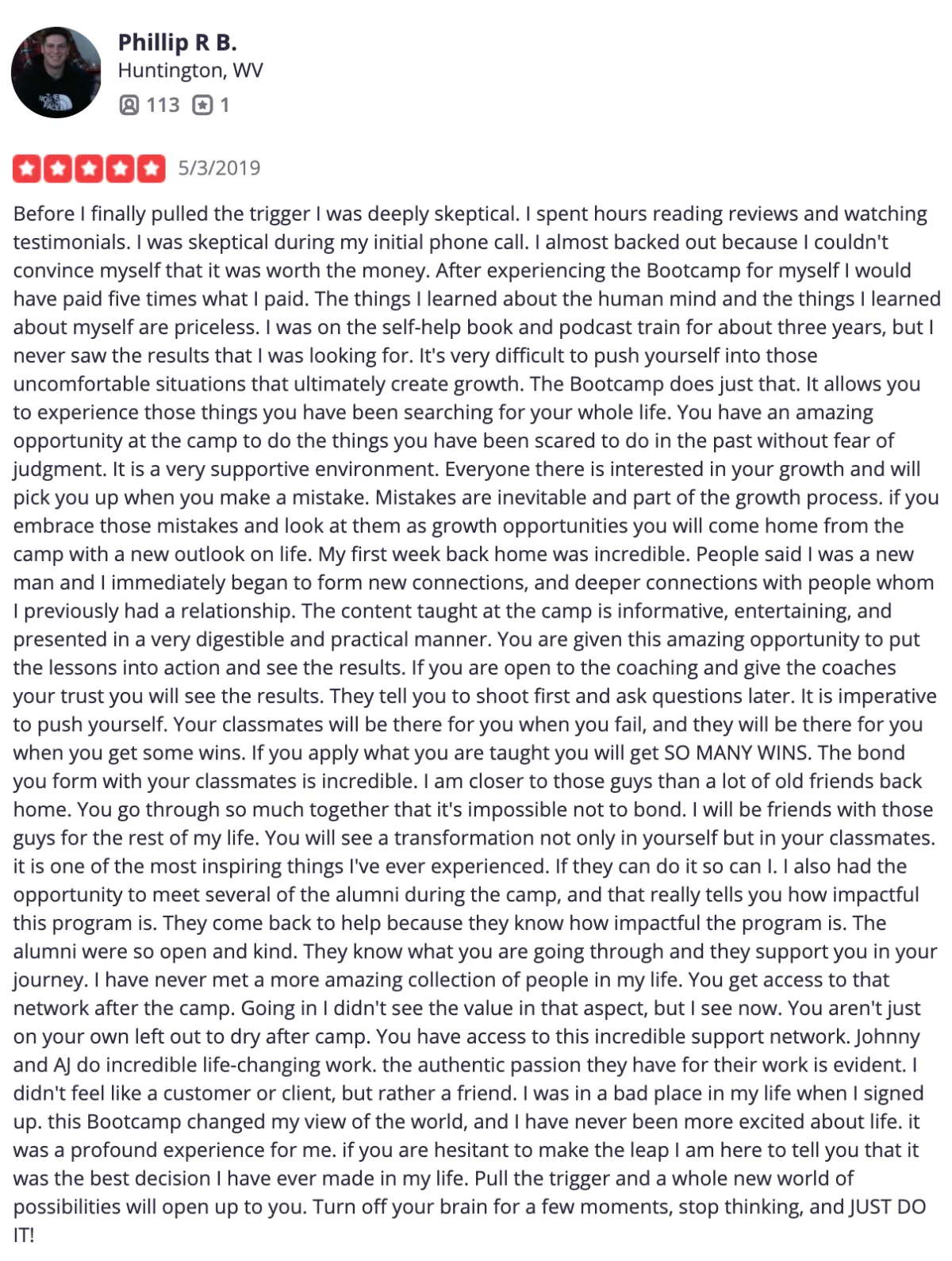Phillip R. five-star review about personal transformation