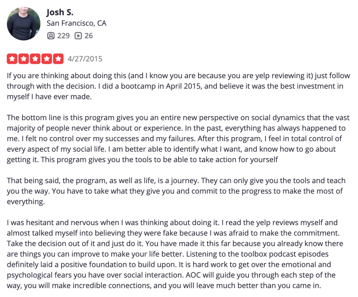 Josh S. Yelp review, best investment in myself