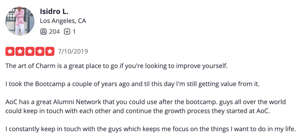 Isidro L. Yelp review about alumni network