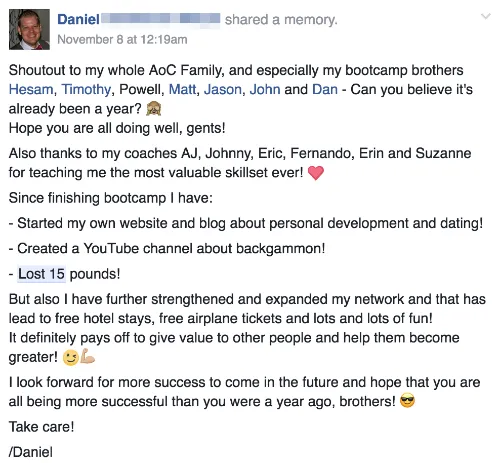 Daniel Facebook post about AOC bootcamp results