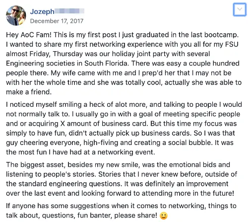 Jozeph Facebook post about networking breakthrough