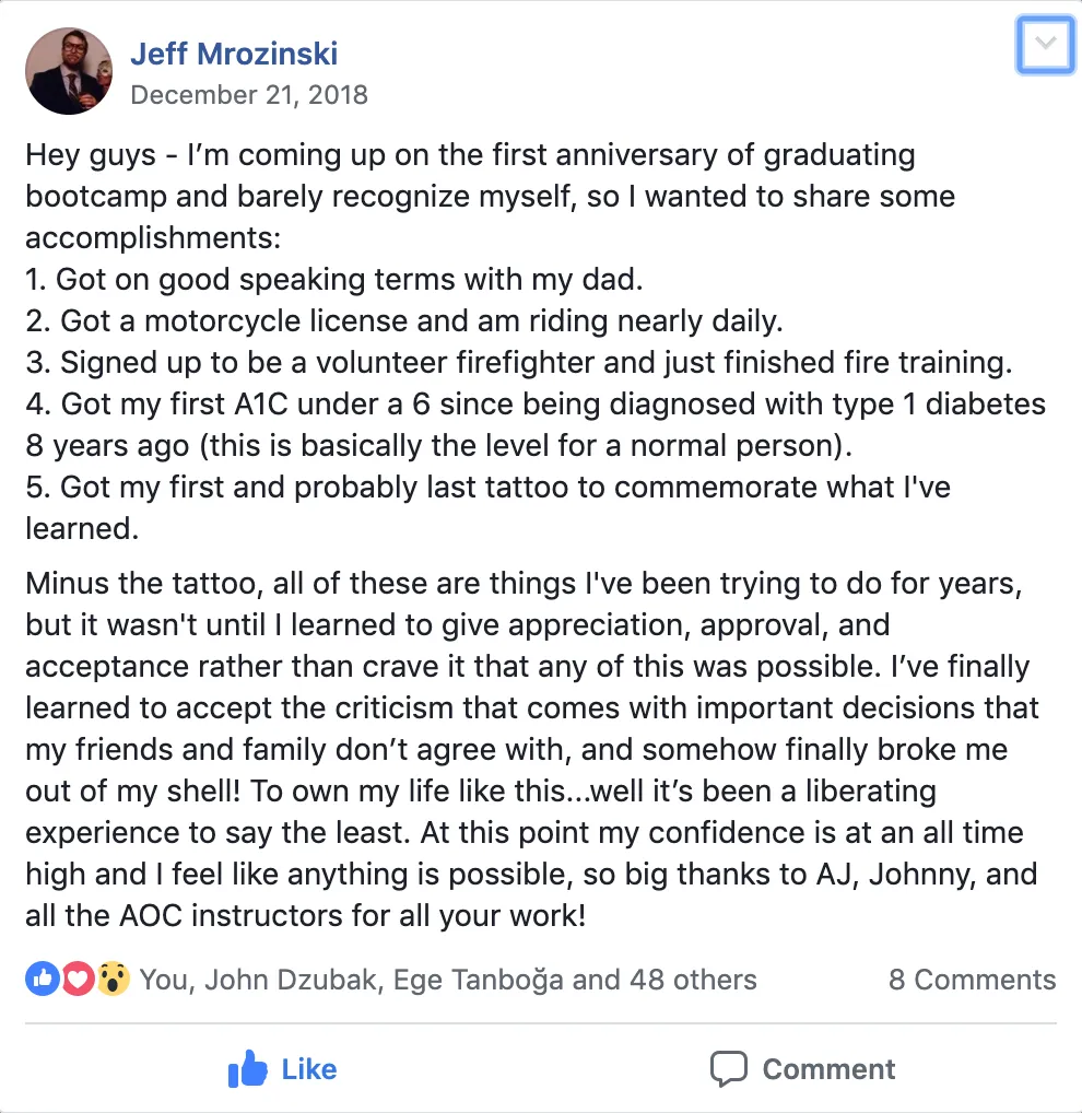 Jeff Mrozinski Facebook testimonial about life transformation