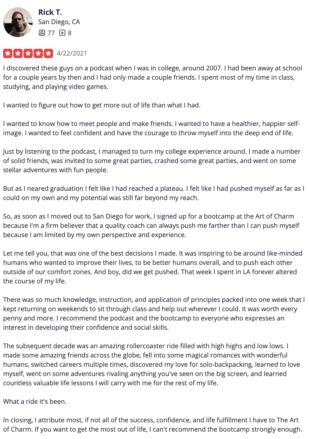 Rick T. detailed Yelp review about life transformation