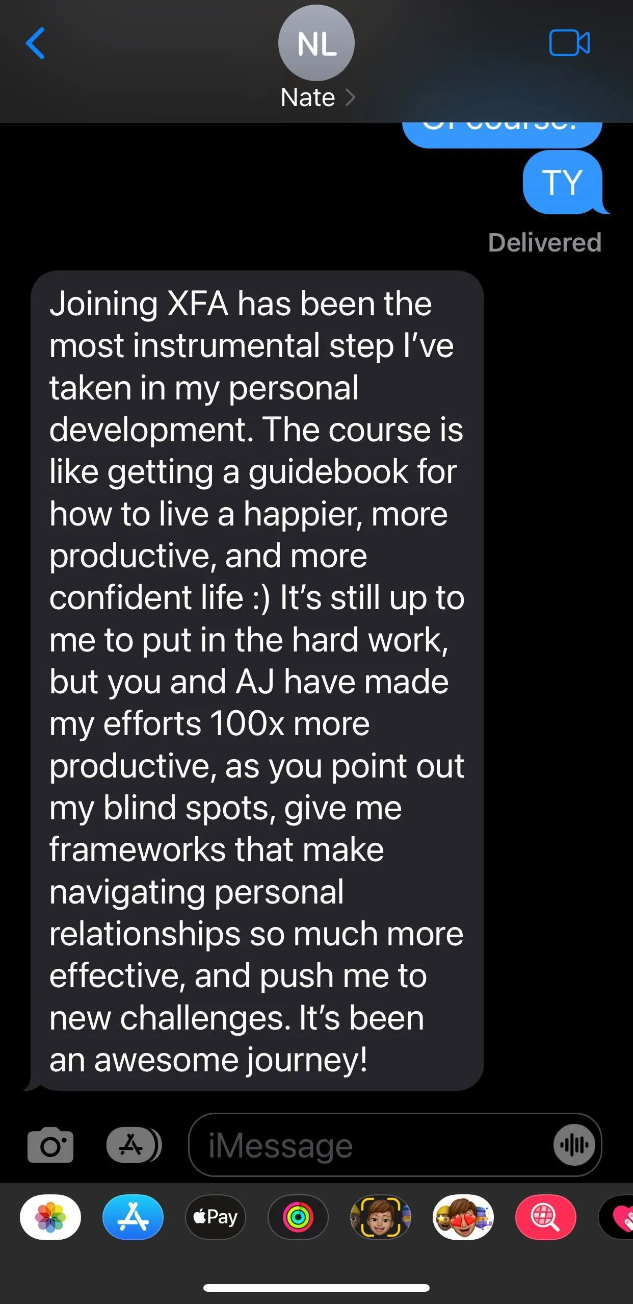 iMessage testimonial from XFA member