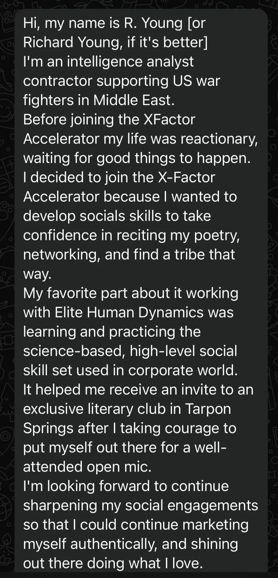 Text message testimonial about XFA results